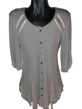 Zoe Women's Gray Striped Button-Front Cropped Sleeve Top Size S